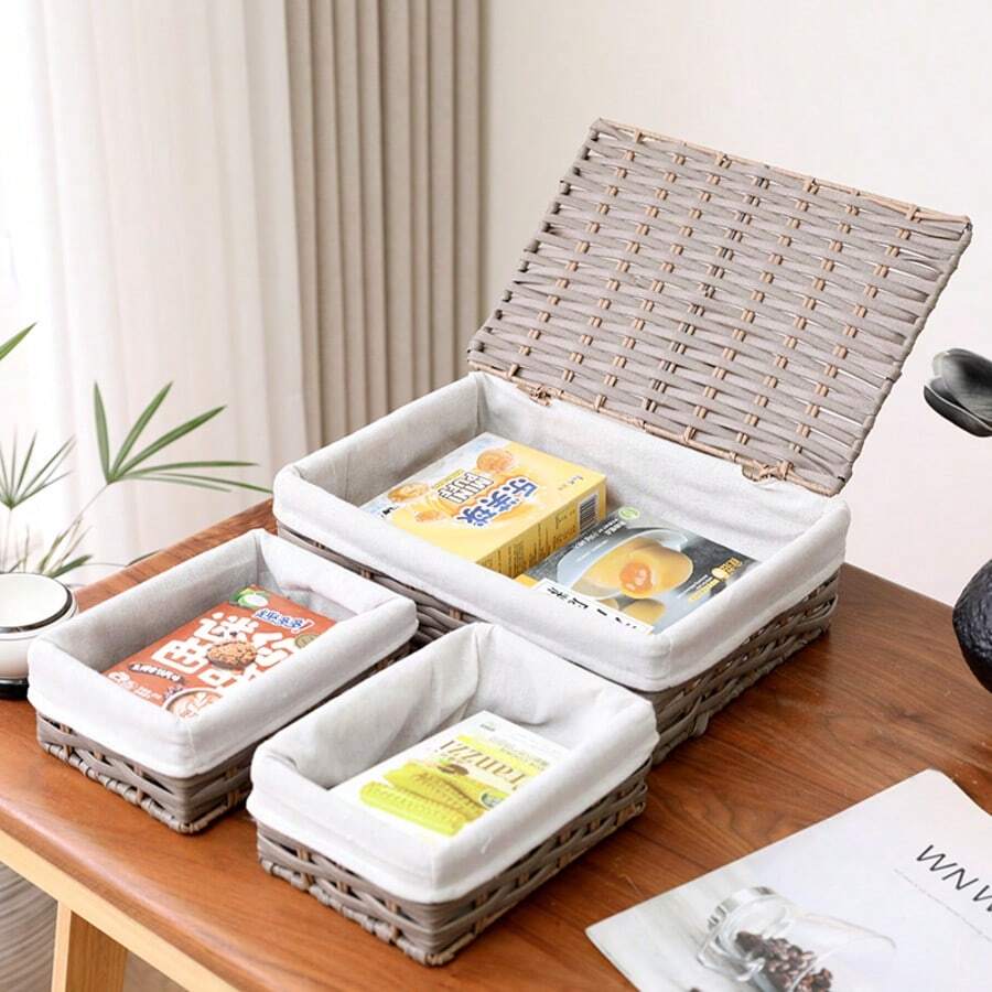 1 Piece/3 Pieces Stylish Large Woven Storage Box With Lid – A Single-Compartment Woven Basket For Living Room Desktop Toy Storage, Entryway & Bathroom Storage Box/Container, Home Decoration, Clutter Storage, And Holiday Gift Basket