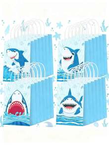 6 piezas/12 piezas Bolsas de regalo de fiesta de tiburón, bolsas de regalo de fiesta de cumpleaños de tiburón azul con asas retorcidas, suministros para fiesta de tiburón, decoraciones de baby shower de océano de verano