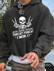 Skull Gesture + "ROCK, PAPER, SCISSORS, THROAT PUNCH! -I WIN" Funny Text Print"Nightmare Before Christmas, Horror. American Retro Print Pattern 1Pcs 500g Pure Heavy 100% Cotton Cordless Sweatshirt, Letter Spring/Fall Winter All Loose Washed Popover Pocket, Christmas Halloween Thanksgiving Day New Year, Y2K Street Hip-Hop Campus Fashion Style, Suitable For Parties And Play - Black - View 2