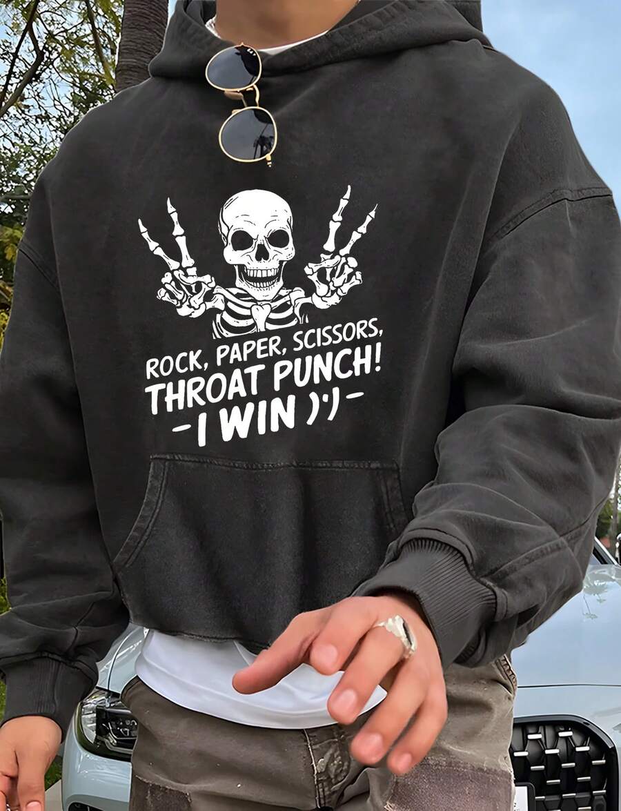 Skull Gesture + "ROCK, PAPER, SCISSORS, THROAT PUNCH! -I WIN" Funny Text Print"Nightmare Before Christmas, Horror. American Retro Print Pattern 1Pcs 500g Pure Heavy 100% Cotton Cordless Sweatshirt, Letter Spring/Fall Winter All Loose Washed Popover Pocket, Christmas Halloween Thanksgiving Day  New Year, Y2K Street  Hip-Hop Campus Fashion Style, Suitable For Parties And Play