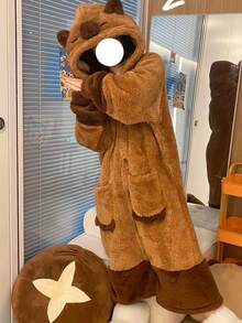 女士珊瑚绒连帽卡通浴袍，温暖厚实的冬季睡衣 - 鏽棕色 - 查看 5