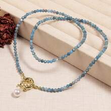 1 pieza Collar con colgante de estilo bohemio de piedra natural, apatita azul facetada de 3 mm, perla asimétrica falsa, hecho de materiales naturales, adecuado para el estilo de vacaciones y el uso casual diario, y como regalo para reuniones con amigos