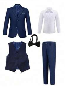 Bộ vest tuxedo màu xanh hải quân 5 món cho bé trai, bao gồm áo đuôi tôm, áo gile, quần tây, áo sơ mi và cà vạt, thích hợp cho tiệc sinh nhật, tiệc chiêu đãi, đám cưới, lễ rửa tội và kỷ niệm của bé trai, cỡ 3-10 tuổi. - Màu xanh hải quân - Xem 2