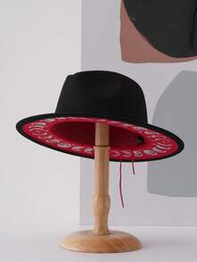 1顶男女通用毛毡牛仔/女牛仔帽，搭配时尚的月亮和星星字母印花水滴形帽檐巴拿马帽，舒适的爵士帽，奢华英伦风帽子 - 黑色 - 查看 8