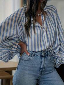 女式条纹撞色纽扣长袖休闲衬衫 - 藍色 - 查看 2