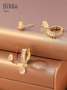 Hihho Set de 4 piezas de aretes de botón con zirconia en forma de lágrima, aretes de uso diario de calidad