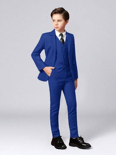 5件套男童西装套装，幼儿燕尾服正装，花童礼服，婚礼西装外套、马甲、裤子、衬衫、领带，儿童正装，皇家蓝，尺码4-16