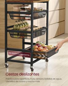 Carrito de Almacenaje de 4 Niveles, con Cestas Extraíbles, Estante de Cocina con Ruedas y Asa, 31,7 x 40 x 76 cm, Marrón Rústico y Negro Tinta - Negro - Ver 2