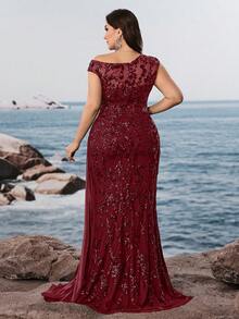 BluePlum Blau-Pflaume Satin Schleife & Pailletten glänzendes luxuriöses Abendkleid, Elegantes Damen Kleid mit asymmetrischem Ausschnitt, würdevoller bodenlanger Meerjungfrau-Cocktailparty-Kleid, ärmellos Blumen Hochzeitsgast Partykleid, Damen sexy Retro Frühling - Bordeaux - Übersicht 6