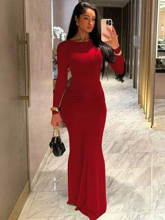 Women's Fashionable Elegant Ruched Crew Neck Long Sleeve Bodycon Dress