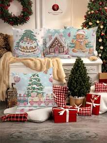 4 piezas, el tema navideño incorpora de manera ingeniosa elementos navideños, como árboles de Navidad, casas de pan de jengibre, etc. Decoración del hogar festiva, diseños alegres, estampados festivos, material de fácil cuidado, fundas duraderas, cojines festivos, cojines decorativos, para compradores de regalos, entusiastas de la Navidad
