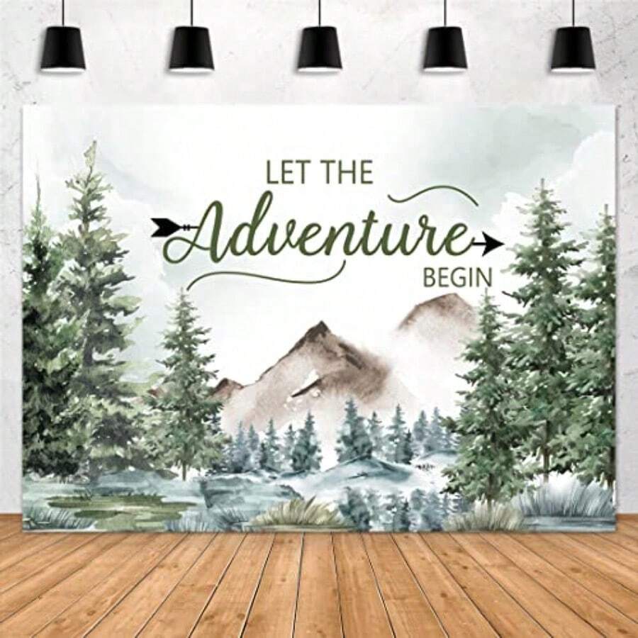 DAperturee Adventure Awaits Baby Shower Backdrop 7x5ft Let The Adventure Begin Pine Tree Mountain Wildern Adventure Woodland Animals Photography Background Forest Party Decorations Photo Booth Props10 - 彩色 - 查看 1