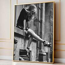 1pc Frameless Black & White Vintage Minimalist Canvas Wall Art - Elegant Girl Sitting By Window With Outstretched Legs, Waterproof Odorless Vertical Poster For Bedroom, Living Room, Office, Dorm Decor, Indoor/Outdoor Use, Birthday Gift Artwork, Home Decoration, Artistic Decor, Highquality Print, Framed Alternative, Home Decorators