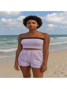 Conjunto Verão Lola – Cropped Tomara que Caia Ribana Com Bojo+ Shorts Feminino Cos Alto Elegante