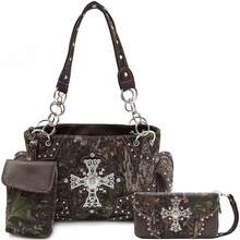 Camouflage Cross Wings Western Style Studded Handbag Tooled Leather Purse Country Women Shoulder Bag Pouch Wallet Set - #3 棕色套裝 - 查看 8