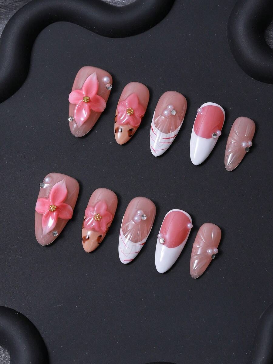 10pcs/Set Press On Nail Pieces, Almond Shaped Nail Caps, Pink 3D Textured Design, Hand Painted French Style, Y2K Style, Tough Girl Style. Purely Handmade, Luxurious And Exquisite Nails. Elegant And Grand. Suitable For Ladies And Girls.