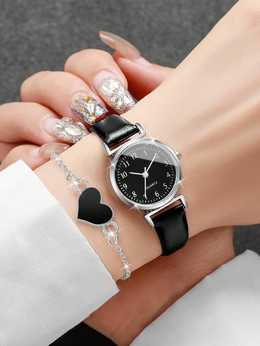 Set de 2 relojes de mujer - Reloj de pulsera de cuarzo con esfera pequeña y numérica de moda minimalista + pulsera con dije de corazón (caja de reloj no incluida) - Negro - Ver 1