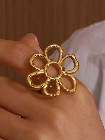 1 stuk modieuze holle grote bloemring voor dames, goudkleurige roestvrijstalen geometrische ring, geschikt als huwelijks- of feestsieraad, ideaal als cadeau.
