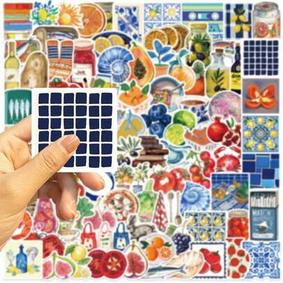 100pcs Colored Mediterranean Style Artistic Stickers PVC Gift Cartoon Decoration Food Stickers Drink Stickers Car Stickers Fruit Stickers Vintage Stickers Art Stickers Aesthetic Stickers Vinyl Waterproof Stickers For Journaling Computer Scrapbook Luggage Water Bottle Phone
