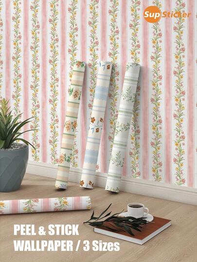 SUPSTICKER 1 Roll 1pc Floral & Striped Pattern Peel And Stick Wallpaper, PVC Material, Suitable For Bedroom, Study, Living Room, Bathroom Wall Decor And Renovation
