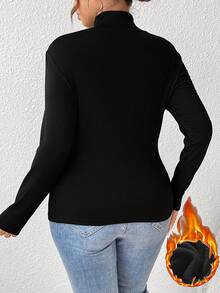 Plus Size Women's Solid Color Fleece Pullover, Warm & Comfortable Tight Fit Long Sleeve High Neck Casual Undershirt, Autumn/Winter - Black - View 3