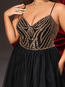VIPGIRL Große Größen Schwarzes Pailletten-Mesh-Slip-Kleid mit transparentem Rocksaum, elegantes langes Abendkleid für kurvige Frauen, ideal für Galas, formelle Abende oder glamouröse Anlässe - Schwarz - Übersicht 8