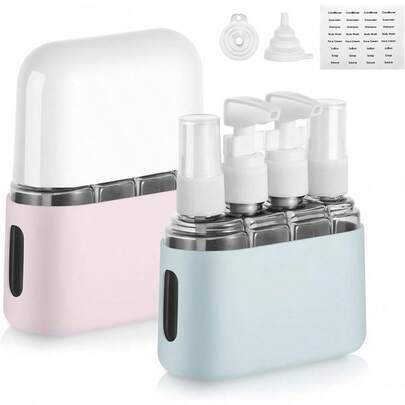 Juego de 8 Botellas de Viaje de Silicona, 4en1 Botella de Viaje Portátil de 50ml/2oz con Etiqueta y Caja De Almacenamiento, Set de Viaje Rellenable a Prueba de Fugas Apto para Champús, Cremas,Líquidos