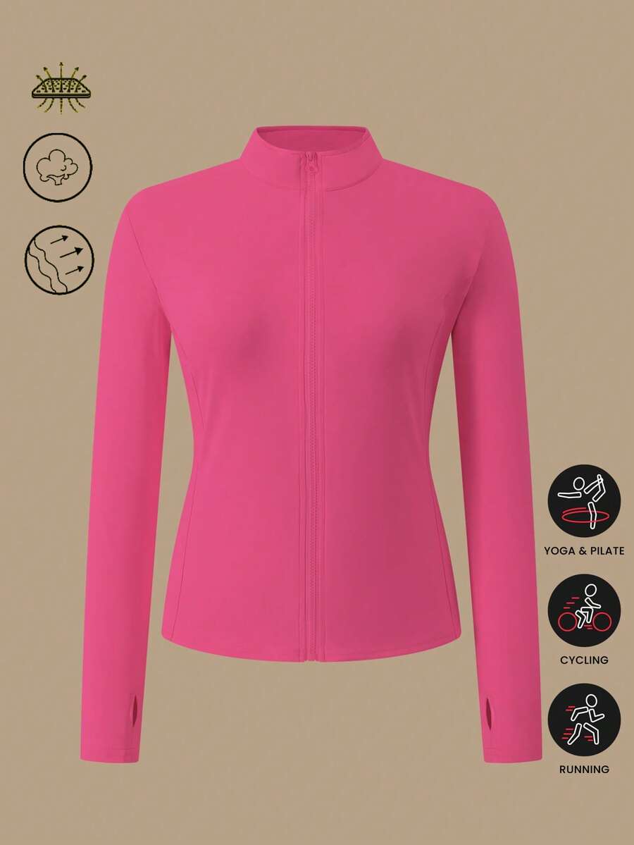 1pc Women Plus Size All Season Thumb Hole Fitted Yoga Fitness Jacket, Suitable For Running And Yoga - Hot Pink - View 1