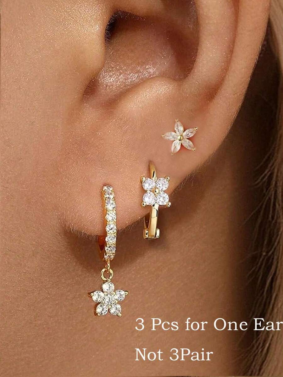Juego de 3 piezas de pendientes de aro colgante con flor de CZ pequeña, chapado en oro de 14K hipoalergénico para trago, hélix, cartílago y perforación, joyería de regalo para mujeres y niñas