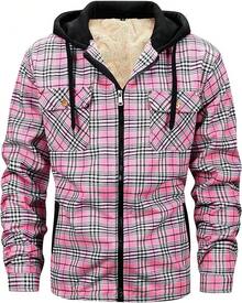 Men's Winter Fleece Warm Thick Plaid Jackets Heavyweight Cotton Hoodies Flannel Hooded Shirt JacketChristmas VTWT - A01粉紅色 - 查看 1