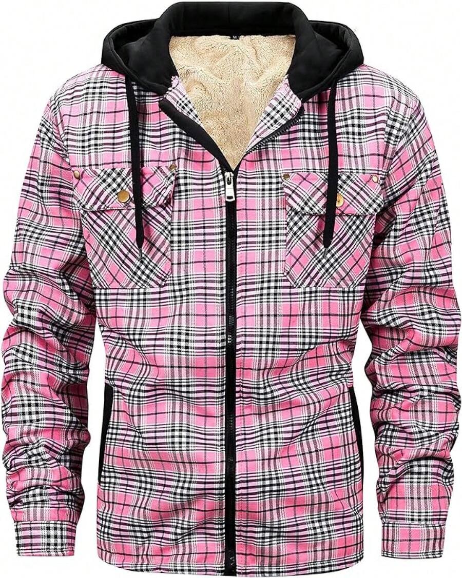 Men's Winter Fleece Warm Thick Plaid Jackets Heavyweight Cotton Hoodies Flannel Hooded Shirt JacketChristmas VTWT - A01粉紅色 - 查看 1