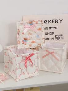 1 Cute Pink And Blue Three-Dimensional Bow Lace Storage Basket, Desktop Sundries Storage Basket, Lipstick Makeup Brush Skin Care Storage Basket, Desktop Decoration - 彩色 - 查看 4