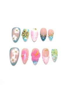 10 Pieces Of 2.5 Cm Almond-Shaped Press-On Nails, Handcrafted, Beach Essentials, Nail Patch, Press On Nails, Nails, Supplies, Summer Nails, Press On Acrylic Nails, Long Nails, Featuring Sun, Stars, Chrysanthemums, Swallows, Diamonds, Pearls, French Tips, Gradient, 3D Carved Designs, And Versatile, Punk Style, Perfect For Beach