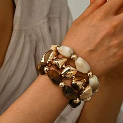 3pcs/Set Vintage Exaggerated Bohemian Thick Multi-Layer Brown Acrylic Beaded Bracelet, Luxury High-End For Women, Couples, Party, Daily Wear