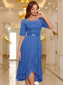 MIUSOL Đầm cocktail cổ thuyền phối ren hoa, viền bèo nhún, thích hợp cho tiệc cưới, mùa xuân. - Màu xanh lam - Xem 6