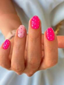 24pcs Short Oval Nail Stickers - French Minimalist Glossy, Passionate Rose Red Polka Dot, European & American Sweet Chic Styles, Full Coverage Easy Application, Suitable For Daily, Holiday Occasions, High Quality Adhesive Nail Stickers, Smooth Surface, Must-Have For Fashion Enthusiasts. Press On Nails - Multicolor - View 1