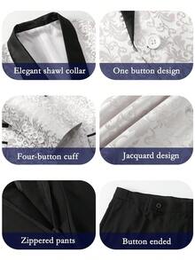 3 Pcs Men Suit Jacquard Blazer Jacket Pants Necktie Shawl Collar Floral Pattern Flap Pockets For Wedding Evening Party Banquet Classic Style - trắng - Xem 3