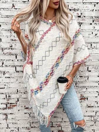 1pc Women's Lightweight Colorful Rhinestone Lattice Tassel Knitted Poncho Shawl, Fashionable Casual Warm Wrap For Everyday Use For Dress