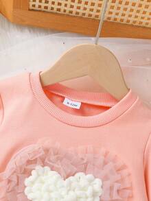 2pcs Set, Casual Elegant Sweet Cute Baby Girl Clothes, Soft Comfortable Infant Toddler Girl Outfit, Special Heart Decor Ruffle Trim Round Neck Long Sleeve Sweatshirt And Solid Color Elastic Waist Pants Set, Suitable For Daily, Vacation, Party, Outdoor - Multicolor - View 4