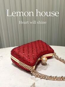1pc Shiny Rhinestone Embellished Red Clutch Bag, Elegant And Fashionable For Evening Gowns, Suitable For Cocktail Party, Wedding, Prom, Formal Occasions - Red - View 7