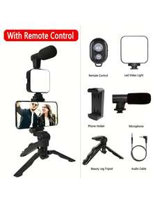 适用于 和 Android 的便携式三脚架视频博客套件、手机支架、LED 灯、迷你枪式麦克风、电池供电设计（不含电池）、用于视频通话和视频博客的户外直播套件、用于视频/旅行录制的视频制作套件、Vlog、适用于智能手机、相机、自拍灯、方形补光灯、手机支架