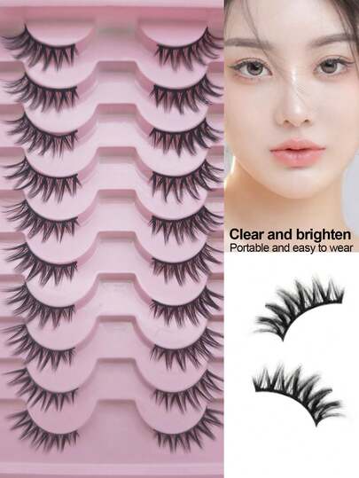 10 أزواج من رموش صناعية على الطراز الكوري، منفصلة بوضوح، طراز D، ساق أسود، طرف ناعم ورطب، على الطراز الأوروبي والأمريكي.