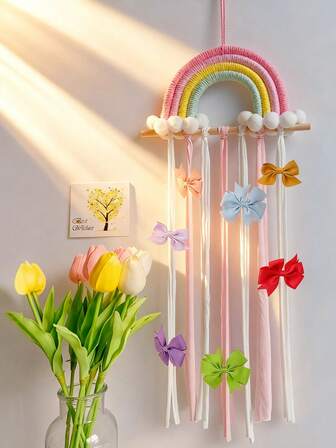 1pc Pink Rainbow Bow Holder,Boho Wall Hanging Hair Bow Organizer,Hair Accessories Storage Hanger Wall Hanging Decoration For Girls Room Bedroom Living Room.