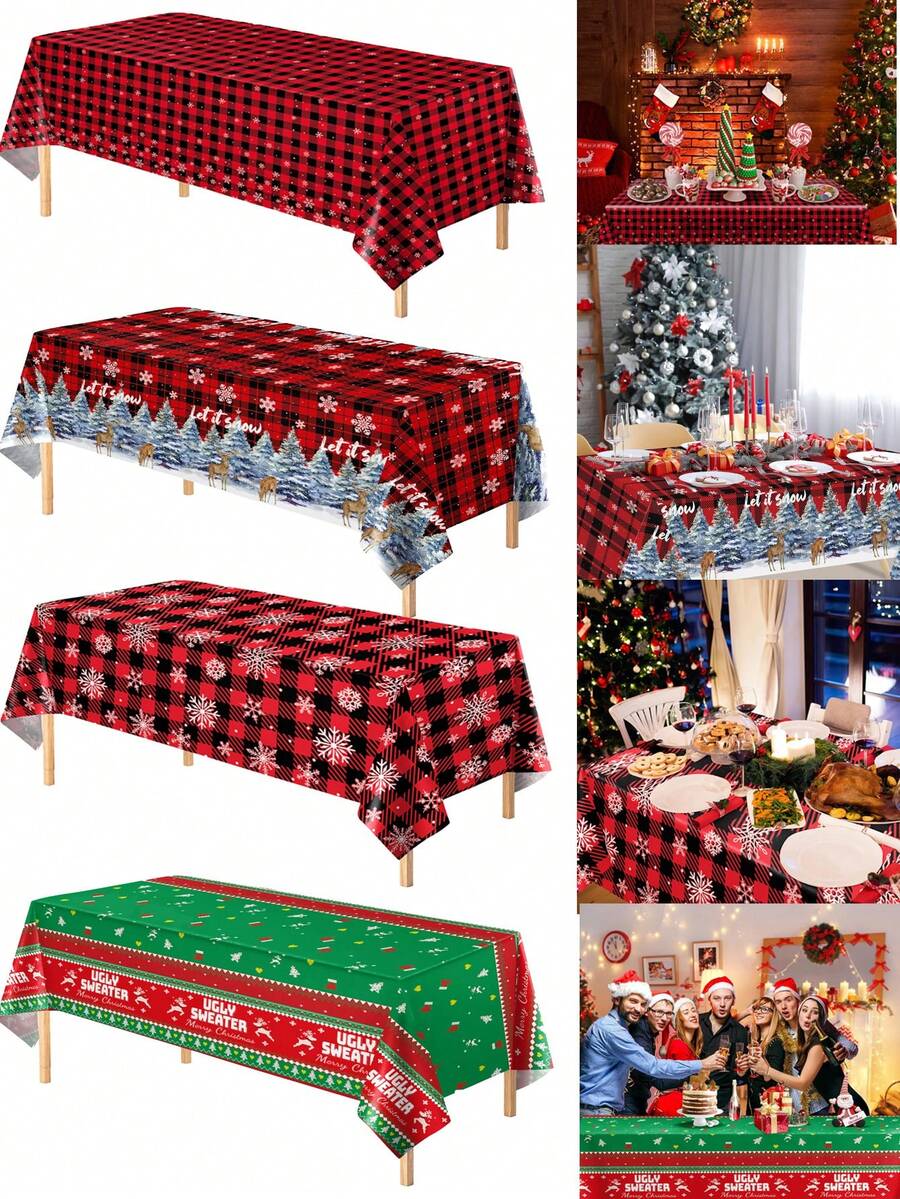 3 Packs/1-Pack Christmas Check Tablecloth, Snowflake Tablecloth, Buffalo Check Tablecloth, 51 X 86 Inches Disposable Rectangular Red And Black Buffalo Check Tablecloth, Suitable For Christmas Atmosphere Party Decoration And Winter Holidays