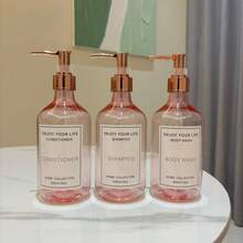 3个500毫升/16盎司玫瑰粉色可再填充泵瓶，带玫瑰金泵头，适用于洗发水、沐浴露、护发素、酒店浴室乳液瓶，带防水标签 - Translucent Pink - 查看 5