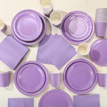 10pcs Lavender Purple Party Supplies Tableware Kit Purple Paper Plate Cups Napkins Dinnerware Set For Anniversary Wedding Birthday Bride Shower Party Supplies Table Decorations - Purple - View 1