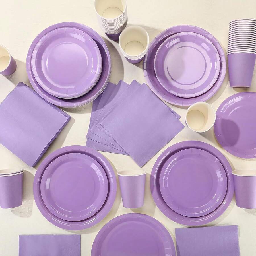 10pcs Lavender Purple Party Supplies Tableware Kit Purple Paper Plate Cups Napkins Dinnerware Set For Anniversary Wedding Birthday Bride Shower Party Supplies Table Decorations - Purple - View 1
