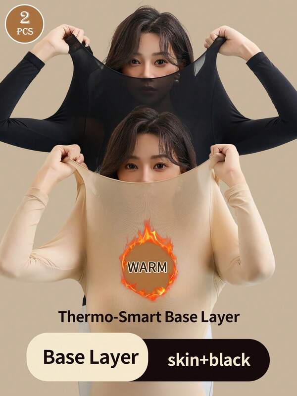 2 peças de roupa íntima térmica ultrafina sem costura feminina - blusa de gola redonda de manga comprida macia e confortável, adequada para lingerie e pijamas, material de alta qualidade
