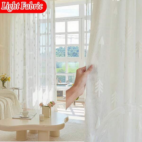1pc Nordic Minimalist Style, White Christmas Tree Embossed Sheer Curtain, Rod Pocket Top, Exquisite Embossed Design, Lightweight Polyester Fabric, Soft, Smooth, Durable, Wrinkle-Resistant, Washable, Easy Care, Home Window Decor For Living Room, Bedroom, Dining Room, Kitchen, Christmas Party