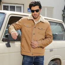 Mens Winter Thick Thermal Cotton Warm Fleece Lined Sherpa Trucker Lapel Work Cargo Jackets Coat OuterwearChristmas 8453 - 卡其色 - 查看 10